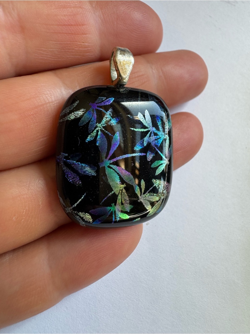 Dichroic Glass Pendant - Black with Iridescent Blue-Green dragonflies